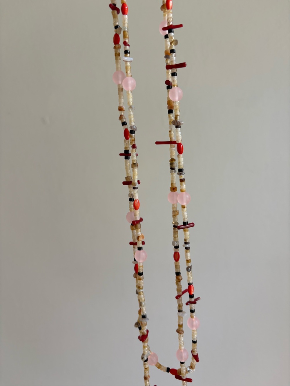 Beachy Boho Pink and Red Beaded Layered Necklace